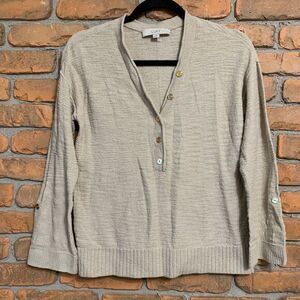 LOFT Sweater Women's Size XS Beige Henley Knit Pullover Button Front Long Sleeve